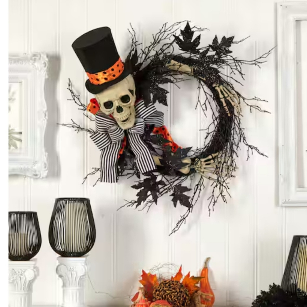 🧡🖤 Halloween Skeleton Wreath with Top Hat 🧡🖤